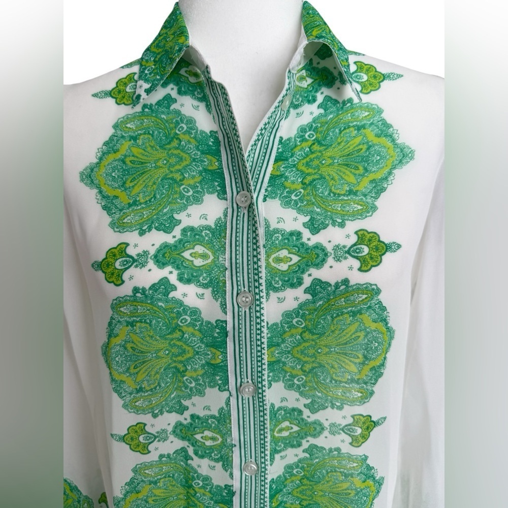 INC White Green Floral Scarf Print Blouse Women’s 4 Semi Sheer Button - Picture 4 of 8